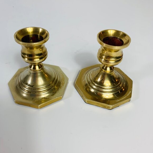 Solid Brass Short Candlestick Candle Holder Set of 2 Octagon Base VTG Party Home - Picture 7 of 12